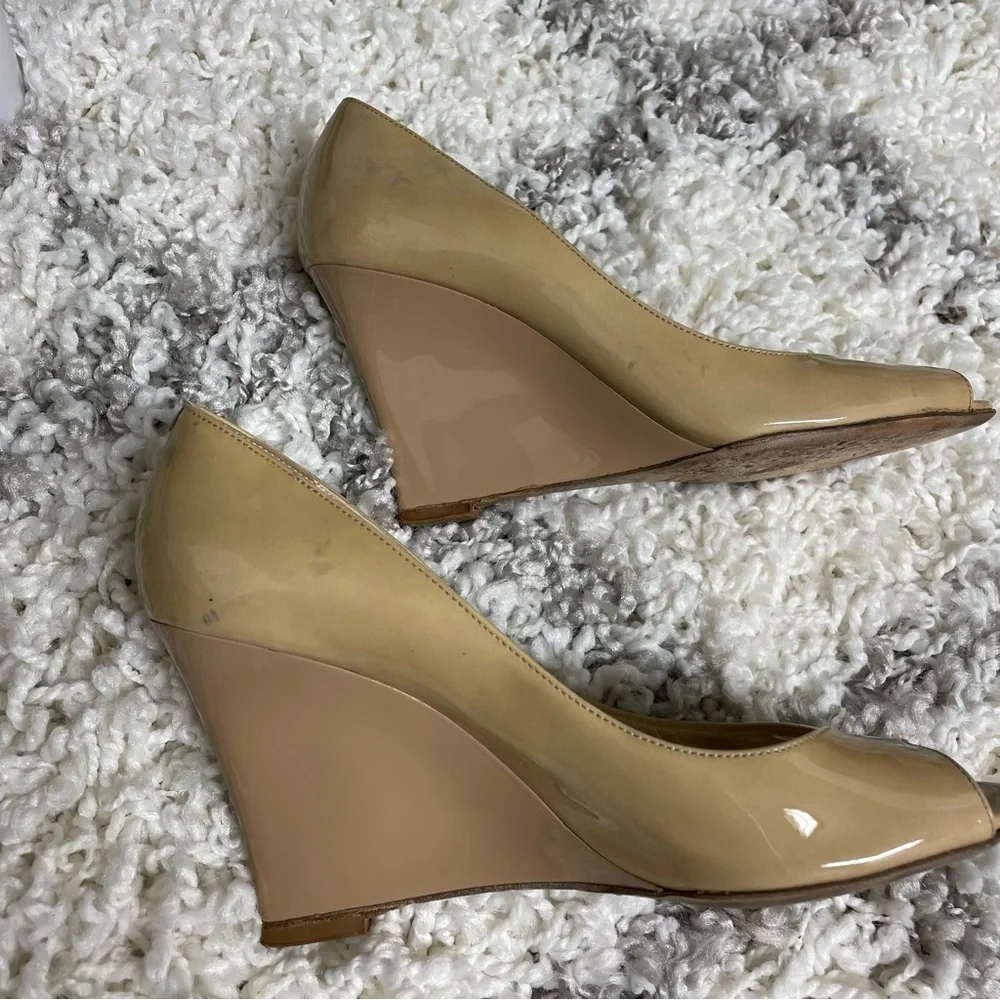 Jimmy Choo Beige Patent Leather Peep-Toe Wedge